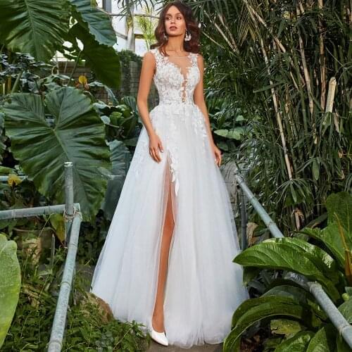 Charming High Split Wedding Dress Jewel Sleeveless Appliqued Boho Bride Dress Vestido de Novia Bridal Gown 2020