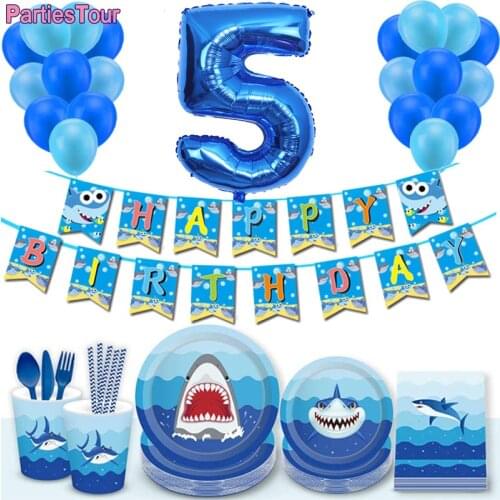 Shark Party Disposable Tableware whale Plates Napkins Cups Straw Ocean Shark Themed Supplies for Boys Shark Birthday Party Decor