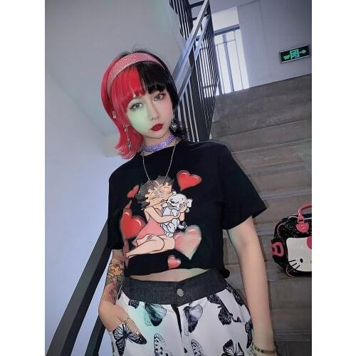 Japanese original night style retro tees cartoon print Street short loose local cool girl T-shirt
