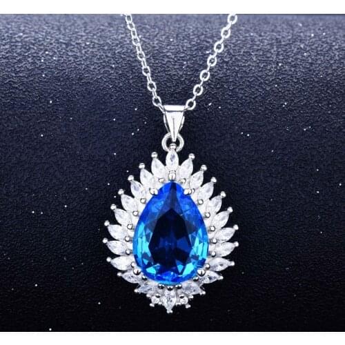 Fine Jewelry Luxury Water Drop Pear Shaped Flame Pendant Necklace Inlay Blue Cubic Zircon Womens Wedding Party Accessories
