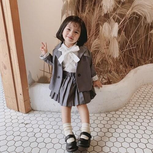 Autumn Girls Formal Suits 2 Piece Sets Double Breasted Blazer Jackets+Pleated Mini Skirts Formal Wear Children Outfits 12M-6T
