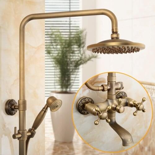 Luxury Bathroom Shower System with Hand Shower & Overhead, Antique Brass Bathtub Shower, Cold Hot Water, Thermostatic Available