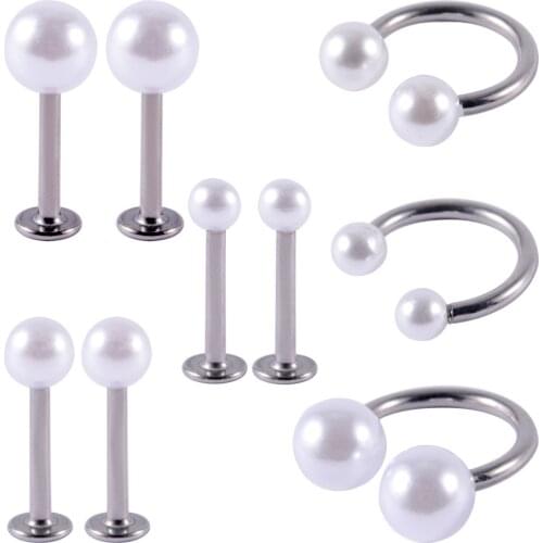 6PCS Surgical Steel&Faux Pearl Horseshoe Barbell Septum Ring Cartilage Daith Helix Tragus Earring Circular Barbell piercing 16G