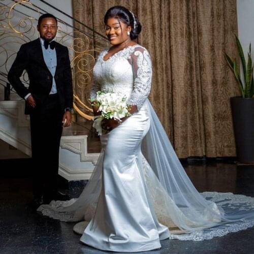 Mermaid Wedding Dresses with 3/4 Long Sleeves Satin Lace Applique Beaded Crystals Custom Made Wedding Bridal Gown vestido de