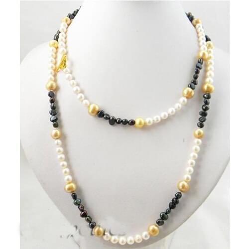 39 inches Long Pearl Jewellery,Champagne White Black Baroque Round Freshwater Pearl Necklace,3-9mm Mixes Size Pearl Necklace