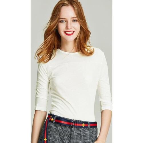 HAVVA Autumn Winter New Solid Color Round Collar T-shirt Womens Slim Half Sleeve Bottoming T-shirt T3196