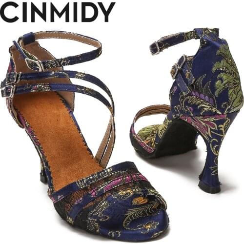 CINMIDY Woman Dance Shoes Latin Waltz Tango Salsa Rumba Ballroom Training Shoes Black Blue 5CM- 10CM Girls Satin High Heels
