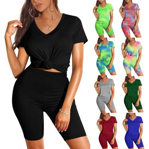 2pcs/lot Womens Shorts Solid Sexy Short Sleeve Crop Tops + Shorts Matching Set Loose Biker Shorts Set Casual Female Outfits