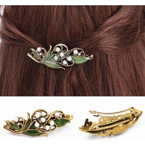 Cute Beauty Women Floral Hair Clips Girl Vintage Pearl Opal Green Leaf Resin Headwear Headress Jewelry Hair Accessories