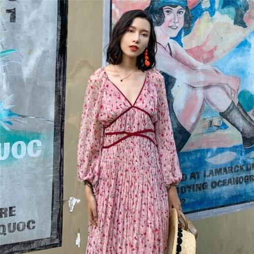 Women Floral Long Pleated Ruffles Dress V-neck Long Sleeves Slim Dress Sweet Fairy Temperament Beach Style Print Femmes Dresses
