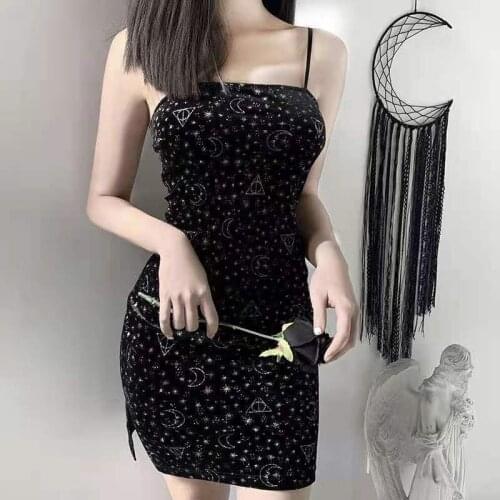 Women sexy dress Dark starry sky print 2021 new suspender skirt high waist split small fragrance