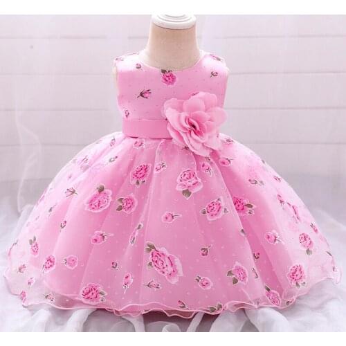 2021 Summer White Pink Big Flower Baptism First Birthday Dress For Baby Girl Princess Dresses Party Dress Child Costumes