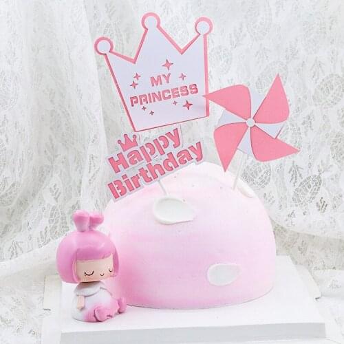 3pcs/set Boy Girl and Windmill Crown Pink Blue Happy Birthday Decor Cake Topper for Childrens Day Party Supplies Lovely Gifts