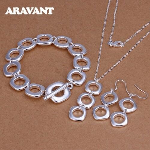 925 Silver Jewelry Sets Full Square Bracelet Necklace Earring Set For Women