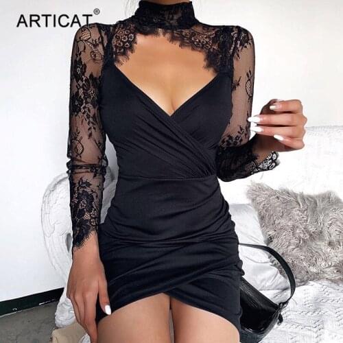 Articat Sexy Lace Sleeve V Neck Dress Women Patchwork Turtleneck Black Bodycon Dress Sheath Club Party Dress 2020 Fashion Summer