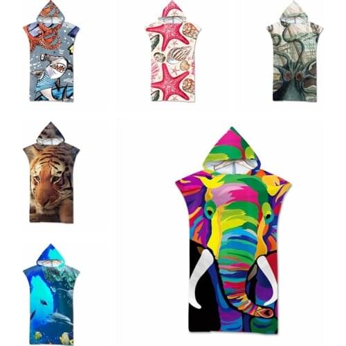 Printed Microfiber Hooded Bath Beach Towel Quick Drying Wetsuit Changing Robe Poncho Surf Towel for Swimming Outdooor Bathrobe