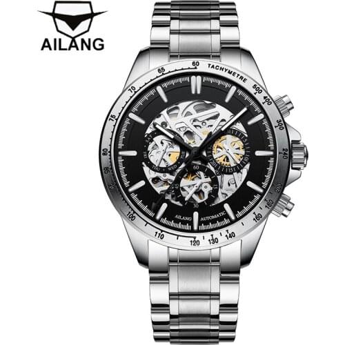 AILANG New Mens Fashion Business 30M Life Waterproof Luminous Hollow Mechanical Automatic Stainless Steel Strap Watches 206