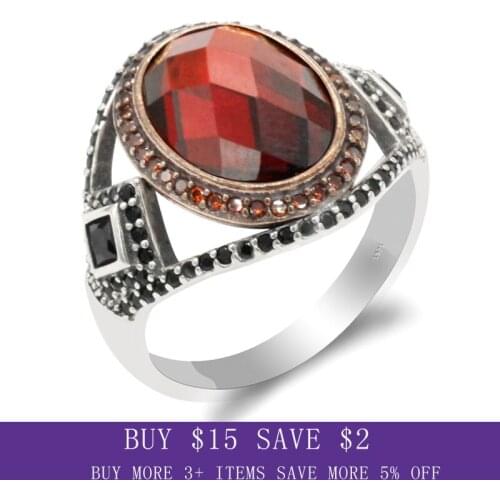 CZ Stone for Male 925 Sterling Silver Ring For Men Big Red CZ Stone Finger Rings Vintage Style Turkish Jewelry Fine Jewelry