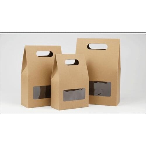 DHL 150Pcs 10.5*15+6cm Bottom Stand Up Kraft Paper Handle Storage Bags With Clear Window For Nuts Food Snack Doypack Pouches