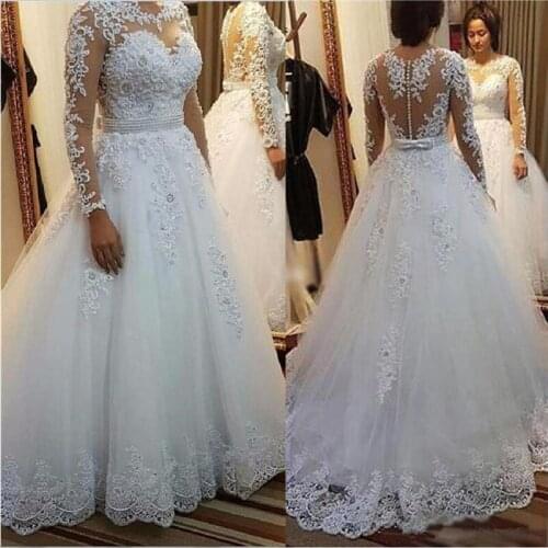 Elegant Long Sleeves A-Line Wedding Dresses 2020 Bridal Gowns Appliques Lace Custom Sheer Wedding Wear Custom