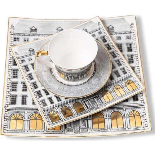 Euro Porcelain Cup and Saucer Set, Royal Bone china Coffee Tea Cup, Vintage 'Golden Window' Coffee Mug for Home Office