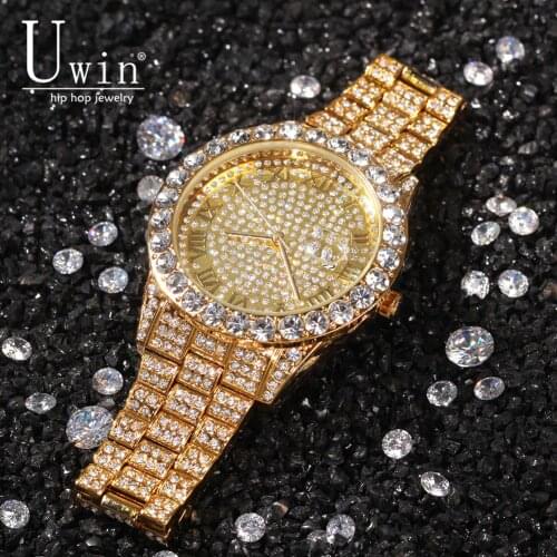 Uwin Big Dial Full Iced Out Men Watches Stainless Steel Fashion Luxury Rhinestones Quartz Wristwatches Business Watch