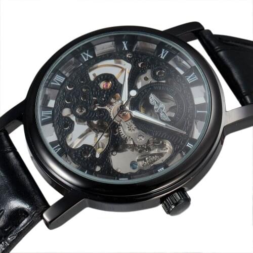 New WINNER Brand Skeleton Hollow Fashion Mechanical Hand Wind Man Black Clock Luxury Male Business Leather Wrist Military Watch