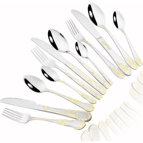 304 Stainless Steel Dinnerware Sets High Grade Knife Fork Spoons Cutlery Kits Gold Plated Floral Pattern Tableware Dropshipping