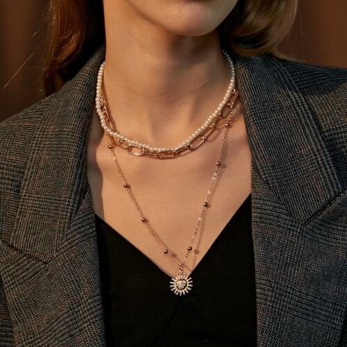 ALIUTOM New Multi Layered Gold Chain Pearl Necklace For Women Sun Pendant Necklaces 2021 Trend Fashion Jewelry Gifts