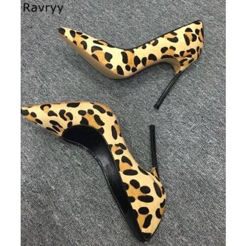 Sexy Pumps Leopard high heels metal thin heel woman dress shoes slip-on female stiletto heels OL out fits pointed toe shoes