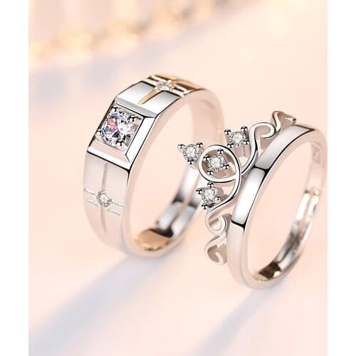 Simple Silver Color New Jewelry Fashion Couple Ring Princess Crown Adjustable Finger Ring for Women Girl Anniversary Gift