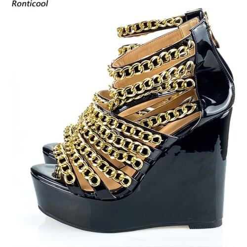 Ronticool Handmade Women Glossy Sandals Gold Chain Wedges Heel Open Toe Black Night Club Shoes Women US Plus Size 5-20