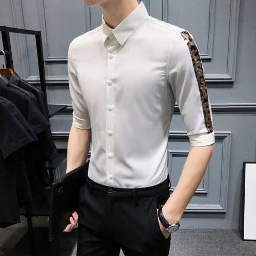 Summer Mens Shirts Half Sleeve Patchwork Sequin Dress Shirt for men black white handsome nightclub Slim camisa masculina sale