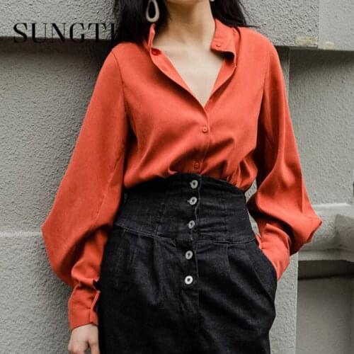 Sungtin Vintage Lantern Sleeve Blouse Women Elegant Office Lady Shirt High Quality Loose Solid Korean Chic OL Casual Tops 2021