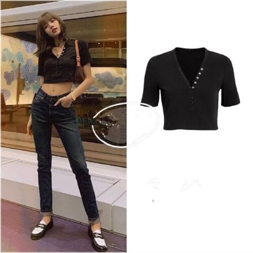Kpop Korean Celebrity slim tees short-sleeve V-neck T shirt women summer streetwear korean temperament short tshirt girl tops