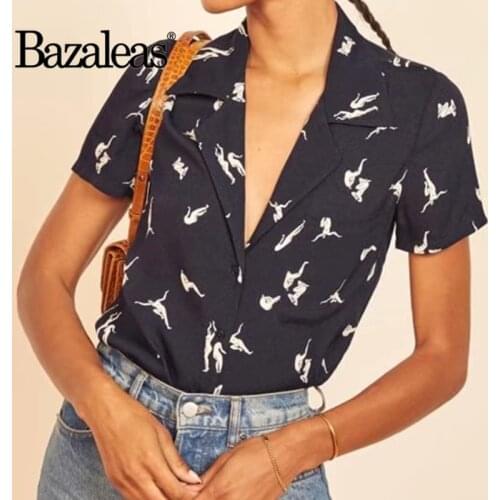 Vintage Center Buttons Blouse Chic Person Dance Print Short Sleeve Ropa Mujer Fashion Turn Down Collar Blouse