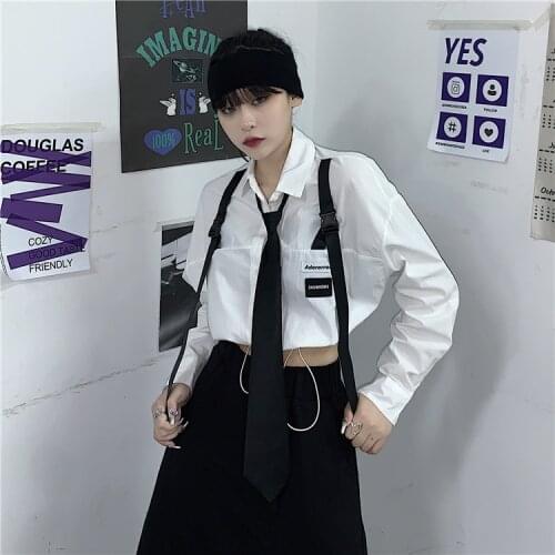 Women Strap Draw String Long Sleeve Tie Cargo Shirts Black White Lady Street Short Length Safari Style Shirt Autumn Harajuku Top