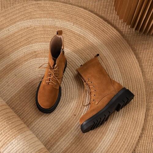 SKLFGXZY Women Motorcycle boots Cow Suede Lace-Up Zip Platform Genuine Leather Ladies Winter Boots Handmade Winter Boots Women