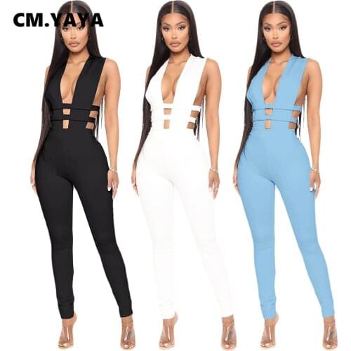 CM.YAYA Women Lace Up Hollow Out Jumpsuit V-neck Sleeveless Sexy Streetwear One piece Overall Bodycon Romper Outfit Playsuit