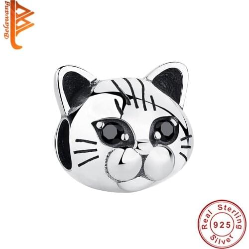 BELAWANG Fashion 925 Sterling Silver Animal Pussy Cat Bead Charm Fit Original Bracelet with Black Crystal DIY Jewelry