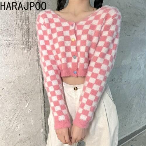 HARAJPOO women sweater 2021 new Spring Korean fashion INS retro grid pink kawaii outside wearing cardigans short knitwear tide