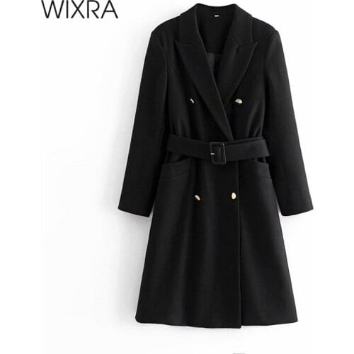 Wixra Spring Autumn New Womens Wool Blend Trench Coat Office Lady Cool Black Long Outerwear With Belt For Female