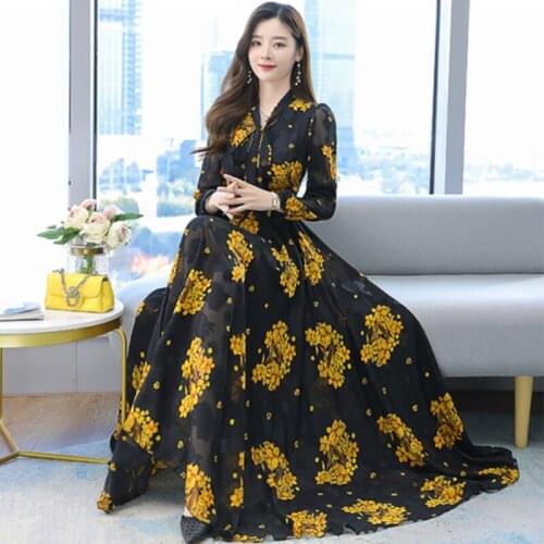 2021 New Spring And Autumn Dress Black And White Apricot Print Long Skirt High Quality Oversized Flower Long Sleeve Womens Chif
