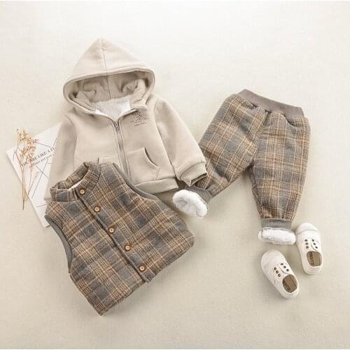 Winter Toddler Outfits for Baby Boys Warm Kids 3pcs Set Hooded Coat+Plaid Pants+Plaid Vest Children Kids Clothes Set 12M-5T
