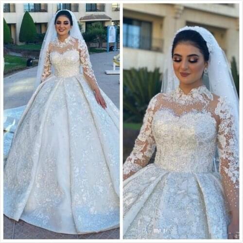 2022 Arabic Aso Ebi Sparkly Sexy Vintage Wedding Gowns Lace Crystals Plus Size Long Sleeves Bridal Party Dresses
