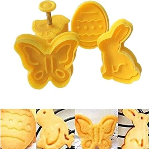 4pcs Easter Bunny Pattern Embossing Mold Plastic Fondant Cookie Cutter Biscuit Cake Mold 3D Cake Decorating Kitchen Baking Mold