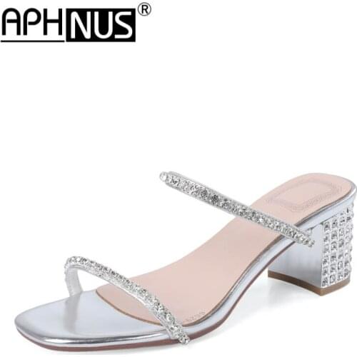 APHNUS Womens Sandals Rhinestone Slides Mid High Heels Pumps Woman 2021 Shoes For Women New