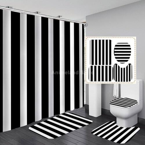 Black White Stripe Shower Curtain With Non Slip Rug Mat Bathroom Curtain Waterproof Polyester Bathroom Curtain with Hooks Modern