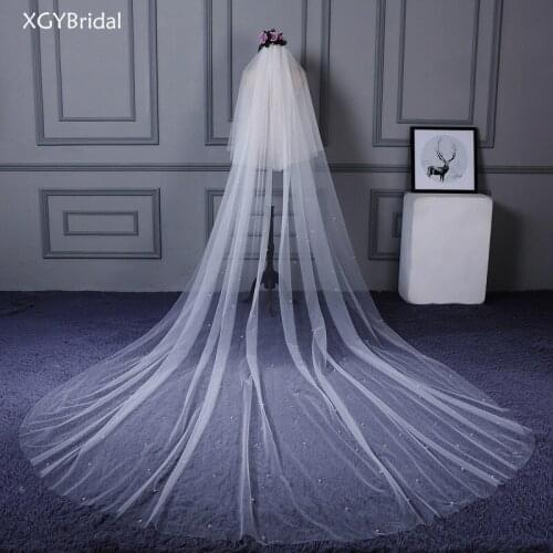 2021 New Arrival Wedding Veil 3 Menters Cathedral Veil Two Layer Accessories With Metal Comb Beaded Glitter Cut Edge Pearl
