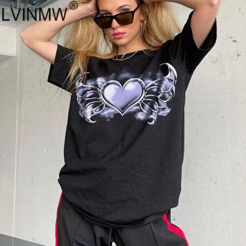 LVINMW Devil Love Printed Black Goth O Neck Short Sleeve Woman T Shirts Casual Aesthetic Gothic Mid-long Tops Summer Streetwear
